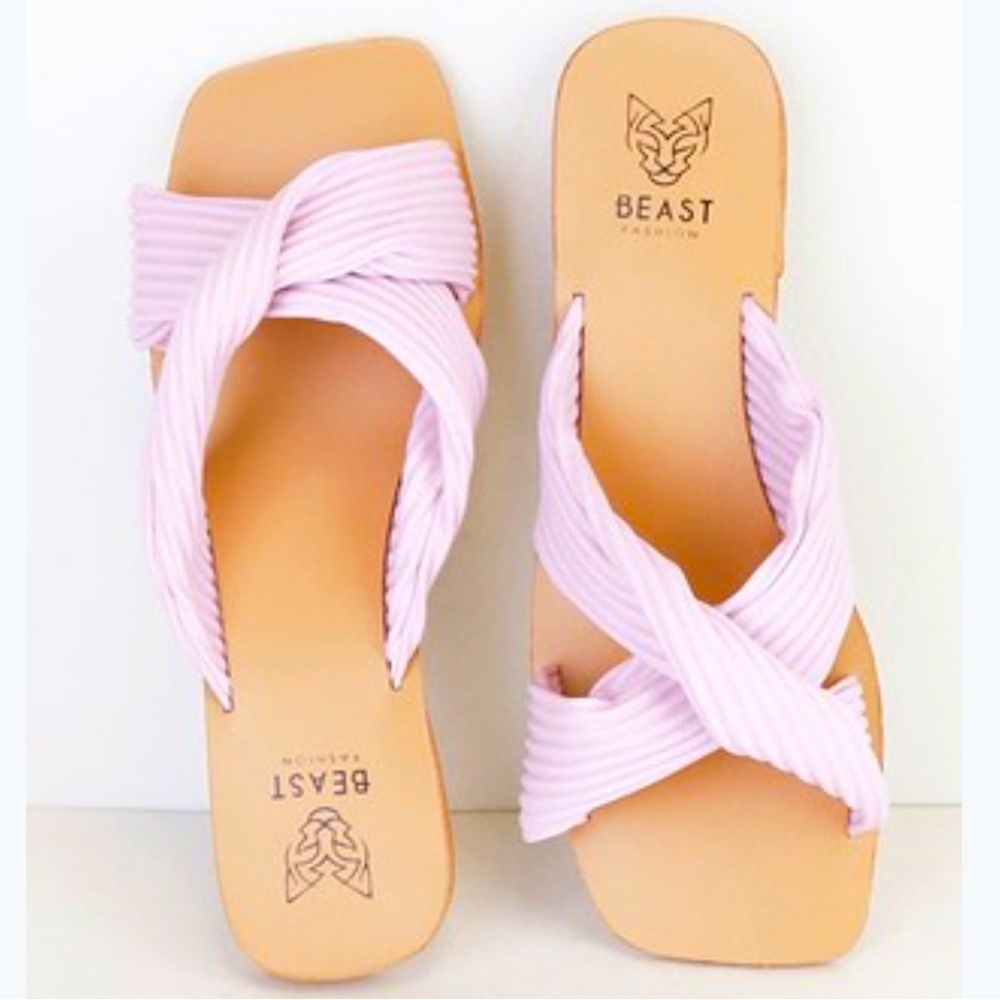Beast Slide Sandal Cross Strap Top Rib Puff Texture Square Toe Light Purple SZ 9